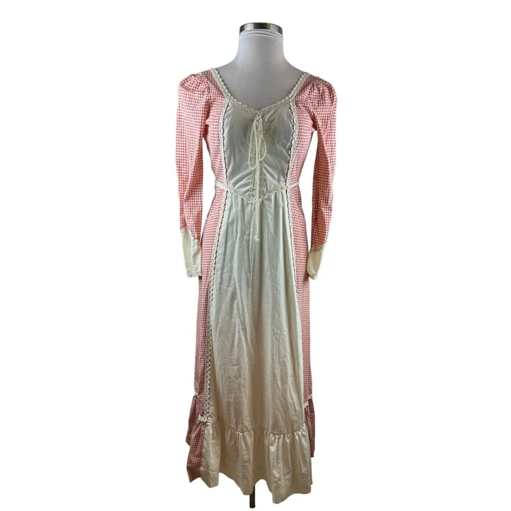 Vintage Gunne Sax Jessica Mcclintock Prairie Boho Corset Dress Checkered Red - Picture 2 of 13